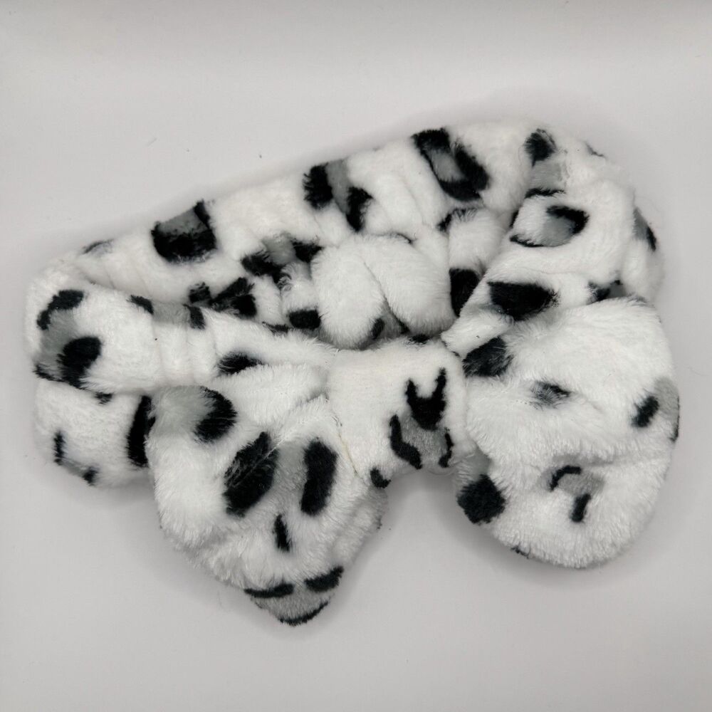 Black White Cow Print Plush Spa Headband Bow Makeup Face Wash Skincare Hair Band